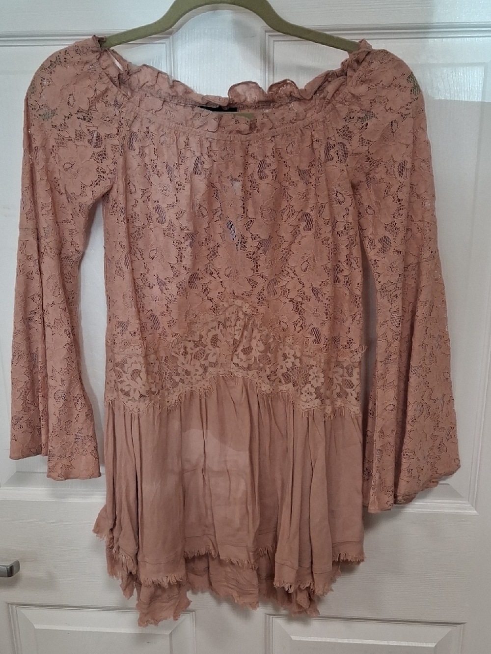 Blush Pink Lace Peasant Blouse with Ruffled Hem